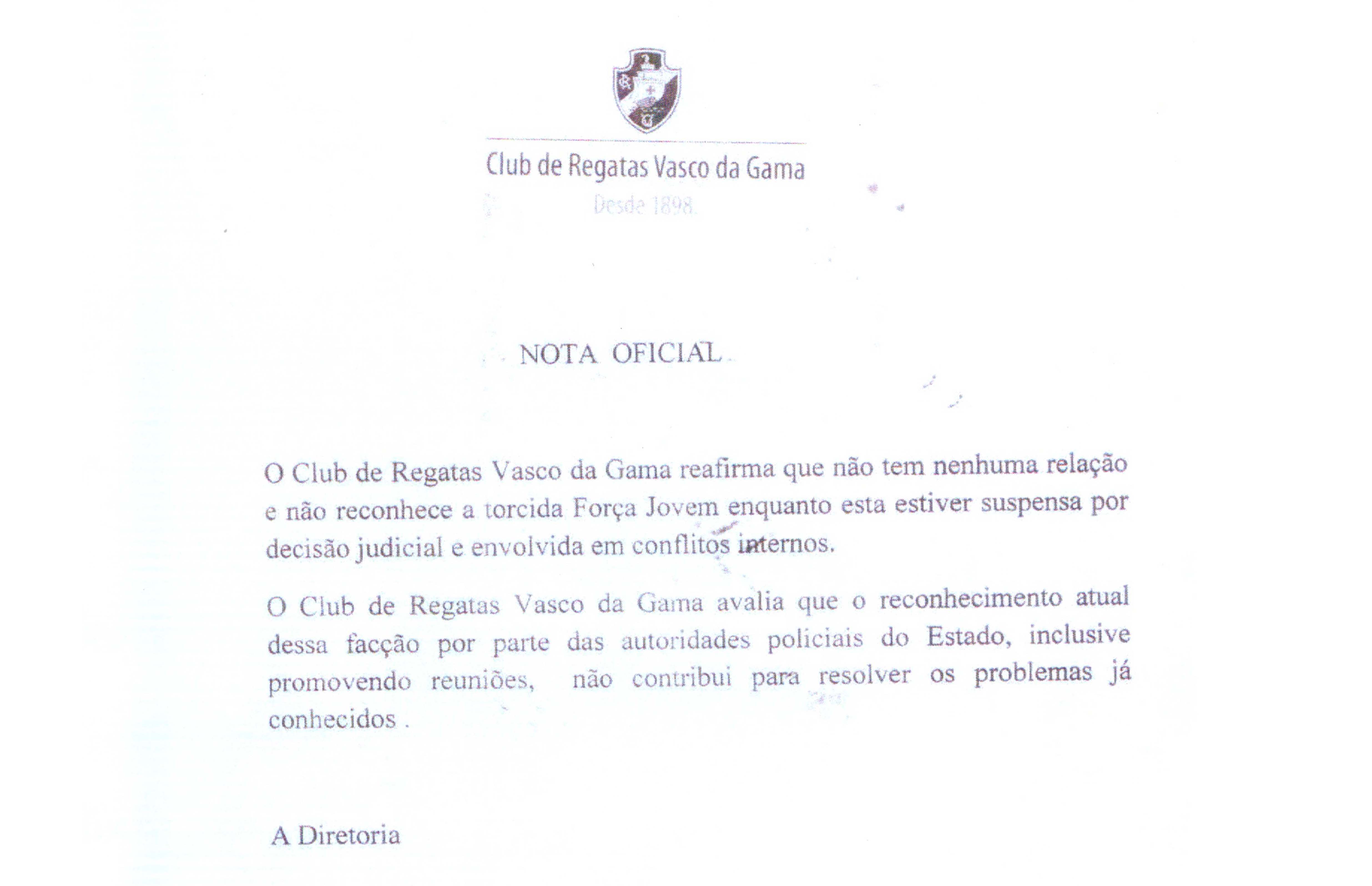 Vasco da Gama encaminha Nota Oficial à FERJ