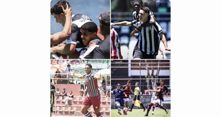 Vasco, Botafogo, Flamengo e Fluminense estão na semifinal do Carioca Sub-20. (Créditos: Reprodução/CRVG, Henrique Lima/BFR, Bruno Maia e Mailson Santana/FFC) imgCapa